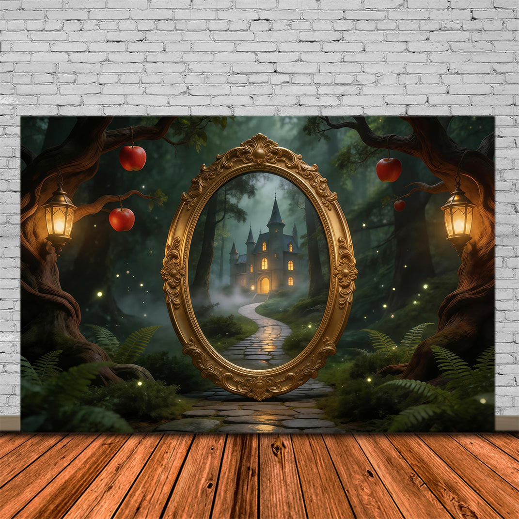 Wald-Hintergrund: Mystisches Spiegel-Schloss, Weg, Laternen, Äpfel – Wald-Themenhintergrund RR63-122