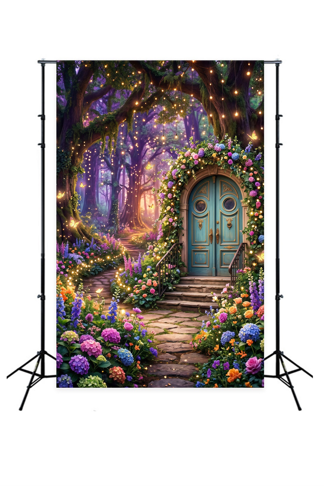 Wald-Fotohintergrund: Fantasie-Blumentür, leuchtende Schmetterlinge, Garten, Dämmerungswald-Hintergrund RR63-124