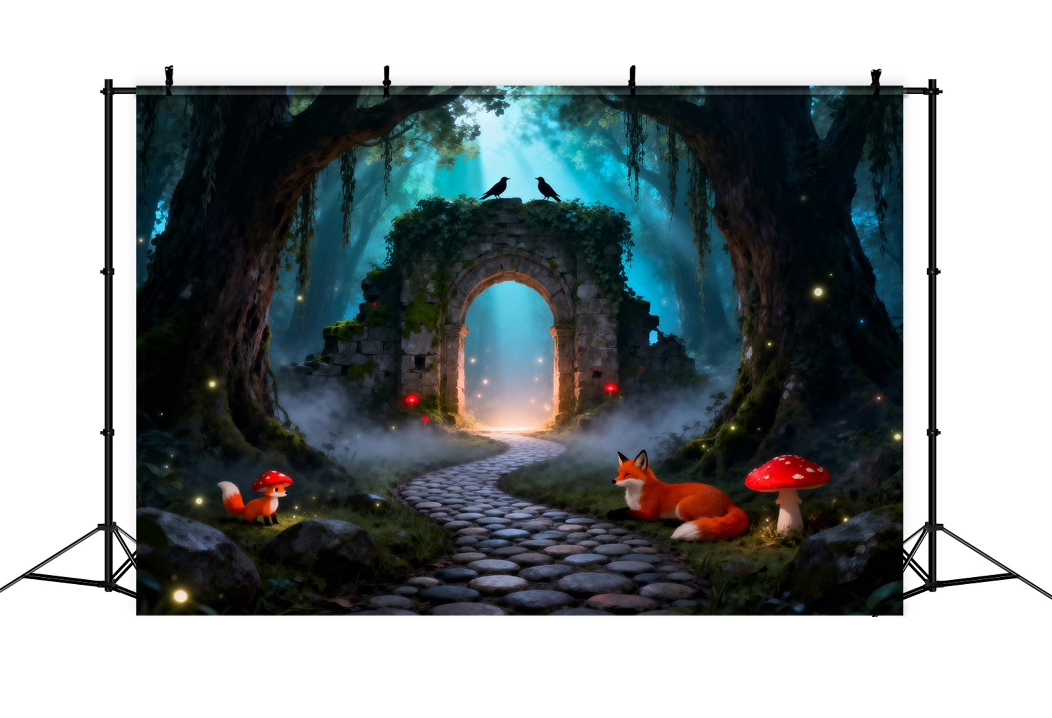 Gruseliger Wald-Hintergrund: Mystische Ruinen, Torbogen, Fuchs, Pilzpfad, Ideen für Wald-Hintergründe RR63-125
