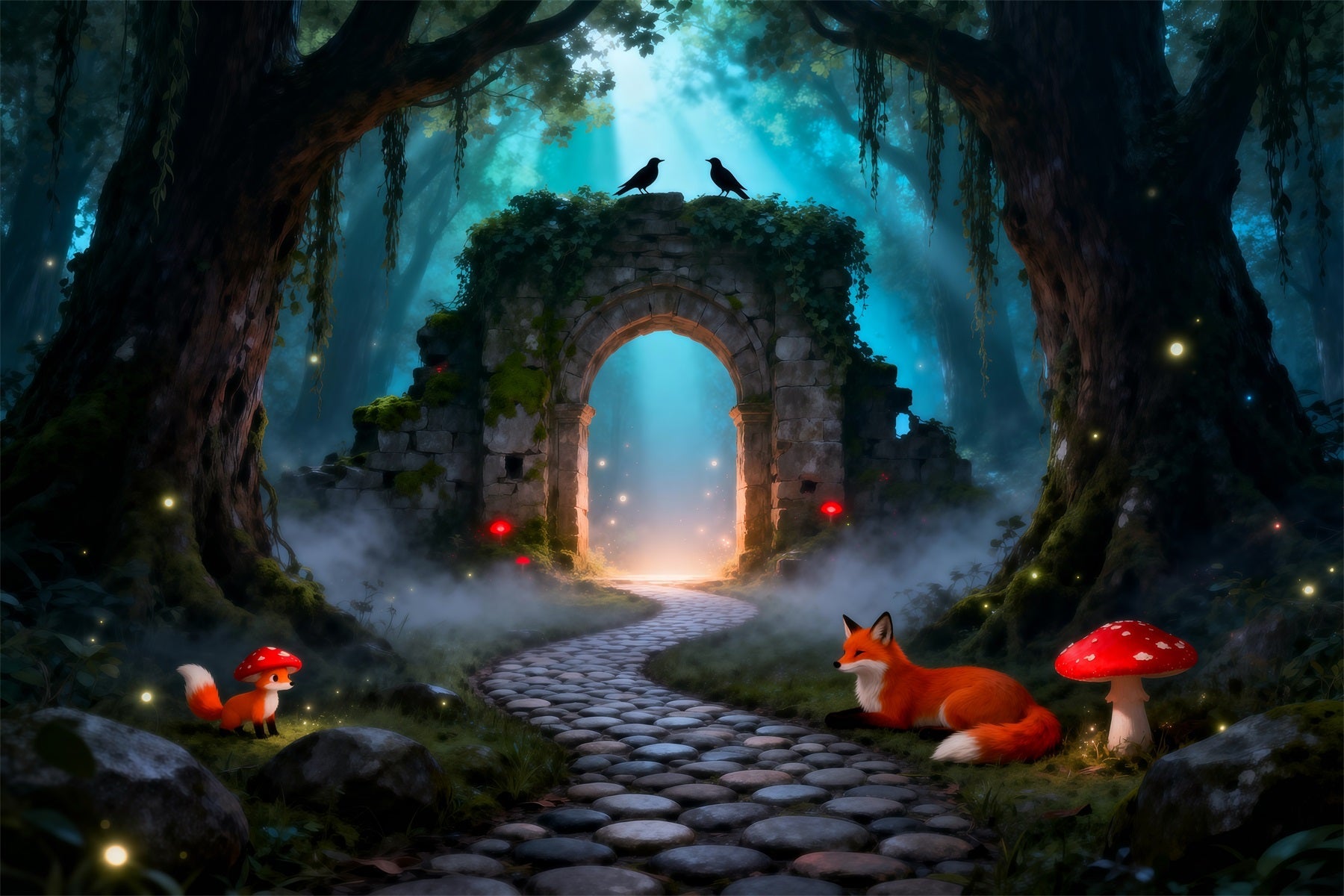 Gruseliger Wald-Hintergrund: Mystische Ruinen, Torbogen, Fuchs, Pilzpfad, Ideen für Wald-Hintergründe RR63-125