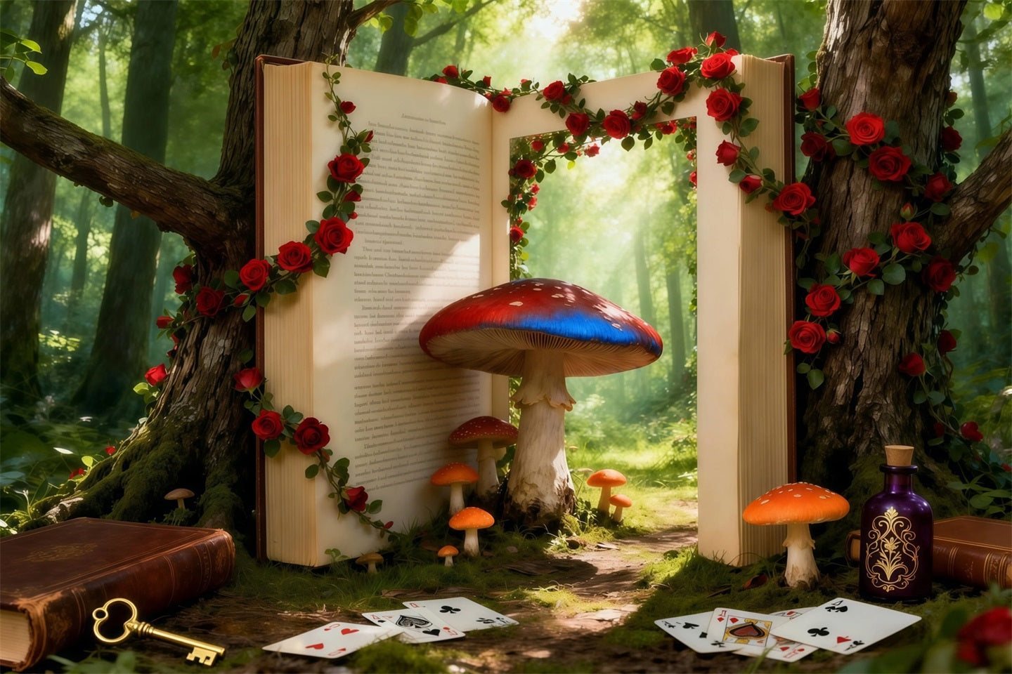 Märchenwald-Hintergrund: Fantasie-Bilderbuchportal, Pilze, Rosen, Wald-Fotohintergrund RR63-126