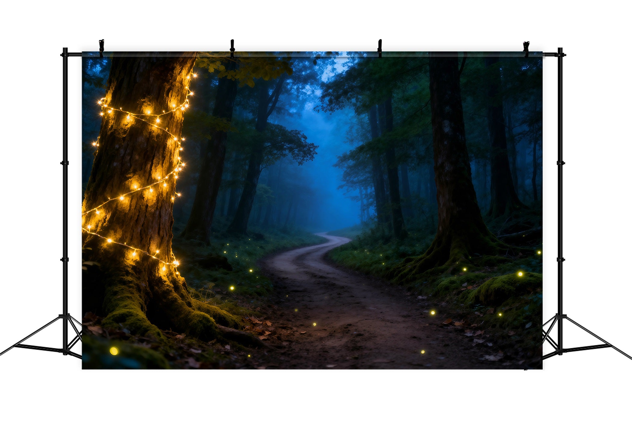 Gruseliger Wald-Fotohintergrund: Mystischer Nachtwaldweg, Lichterkette, Wald-Thema RR63-129