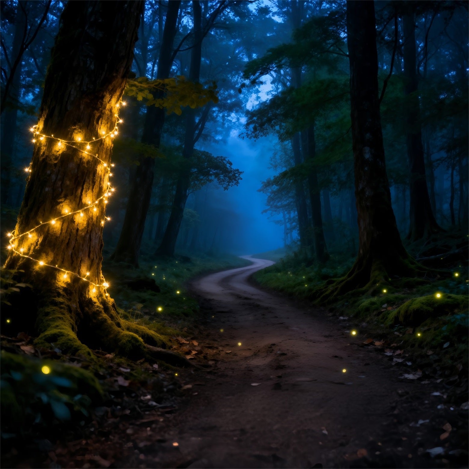 Gruseliger Wald-Fotohintergrund: Mystischer Nachtwaldweg, Lichterkette, Wald-Thema RR63-129