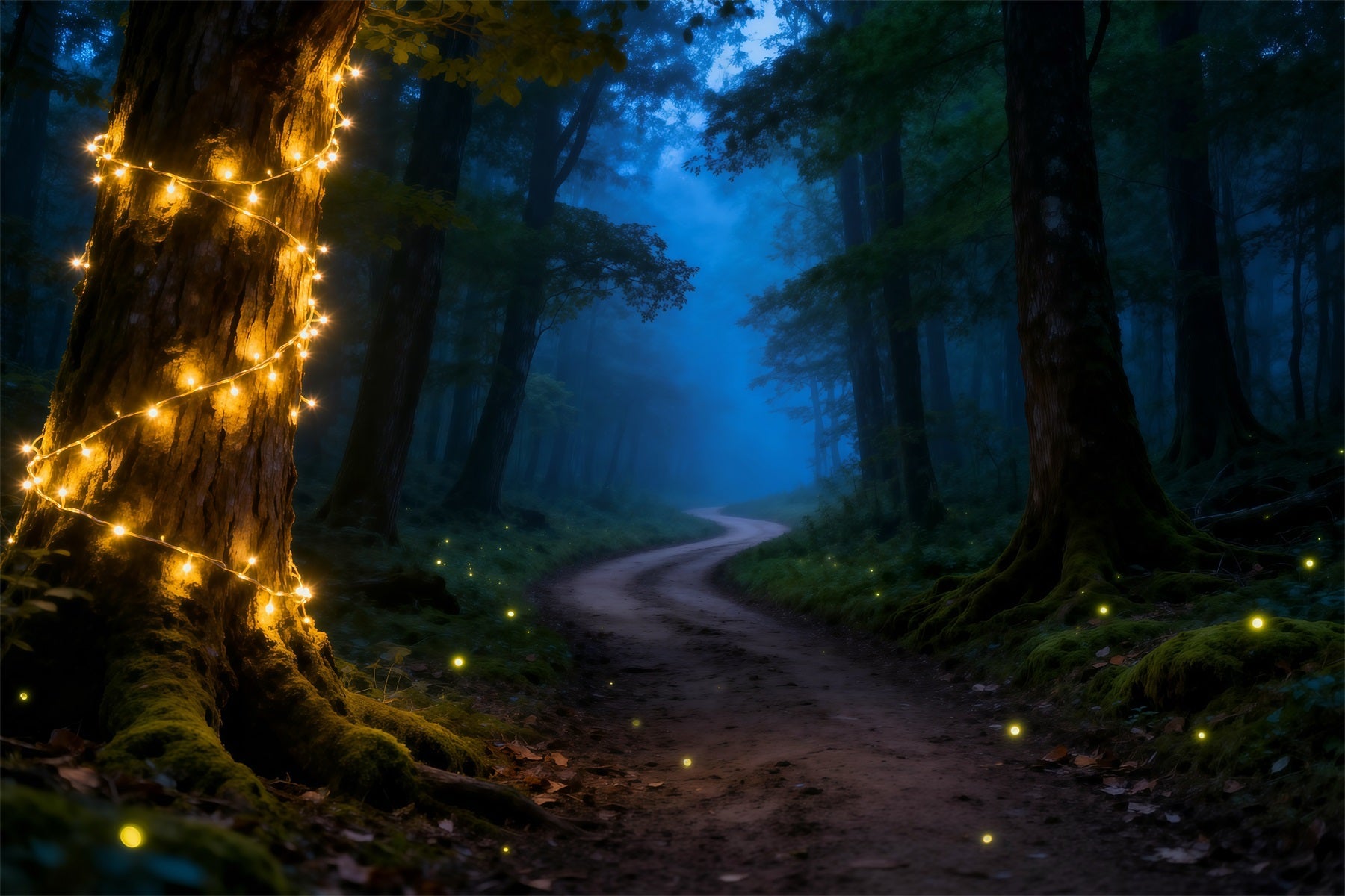 Gruseliger Wald-Fotohintergrund: Mystischer Nachtwaldweg, Lichterkette, Wald-Thema RR63-129