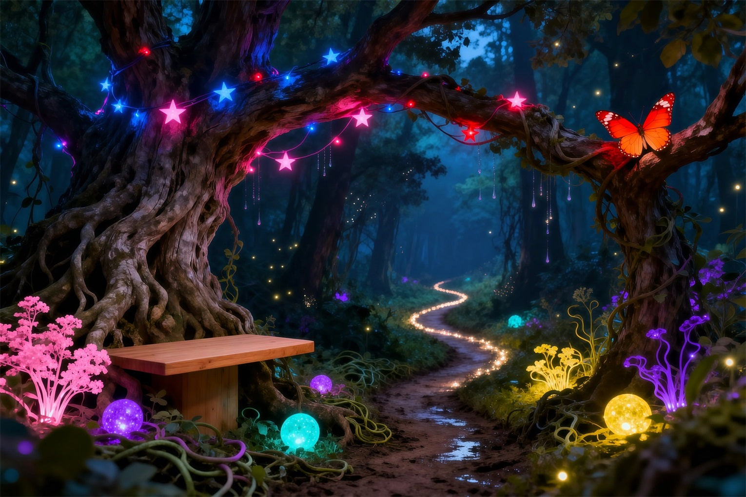 Zauberwald-Hintergründe Neon-Fantasie Leuchtender Pfad Schmetterlingswald-Fotohintergrund RR63-130