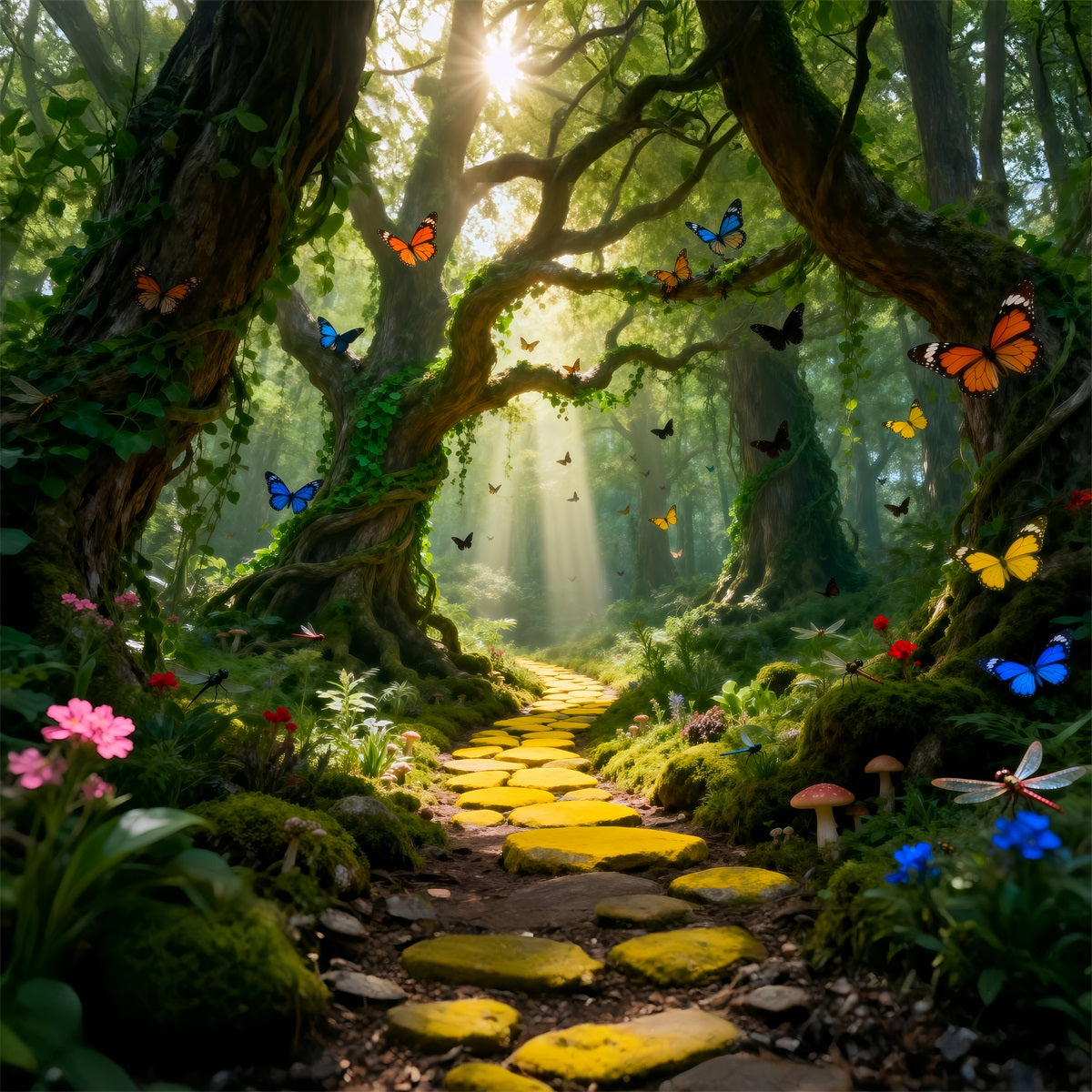Waldgrüner Hintergrund, goldener Pfad, Sonnenlicht, Schmetterlinge, Fotohintergründe Wald RR63-133