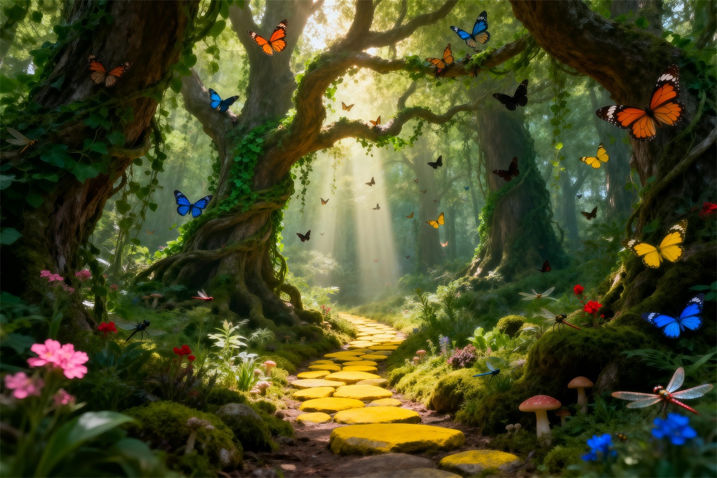 Waldgrüner Hintergrund, goldener Pfad, Sonnenlicht, Schmetterlinge, Fotohintergründe Wald RR63-133