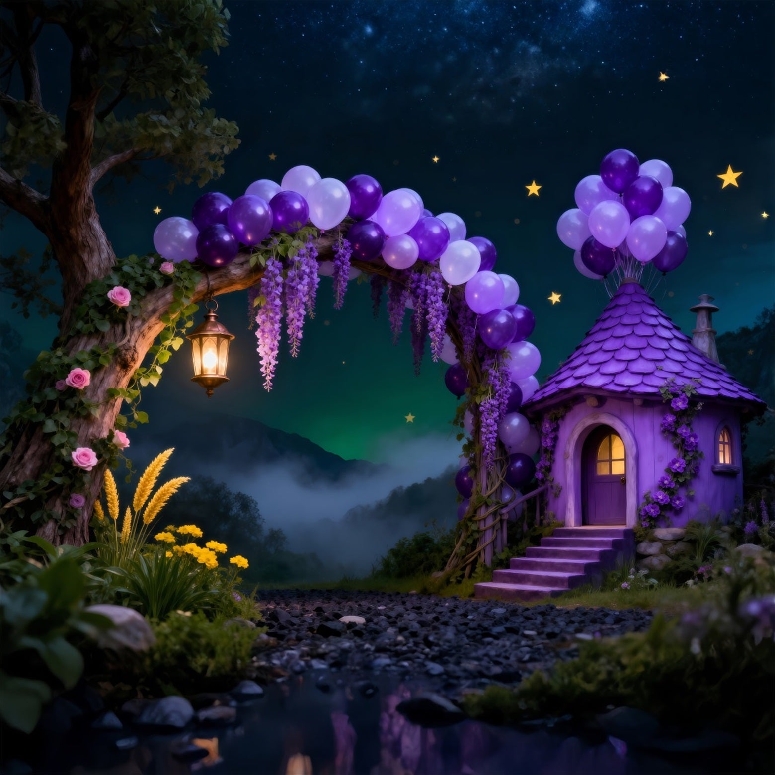 Zauberwald-Ballon-Hintergrund, lila Häuschenbogen, Sternennacht-Waldhintergrund RR63-134