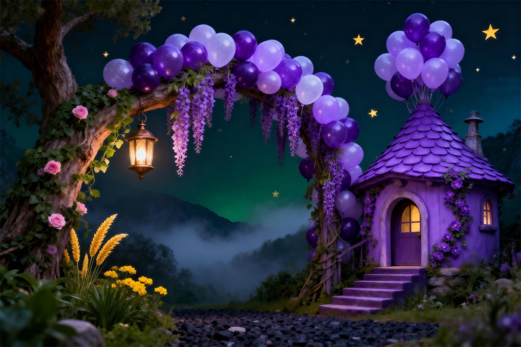 Zauberwald-Ballon-Hintergrund, lila Häuschenbogen, Sternennacht-Waldhintergrund RR63-134