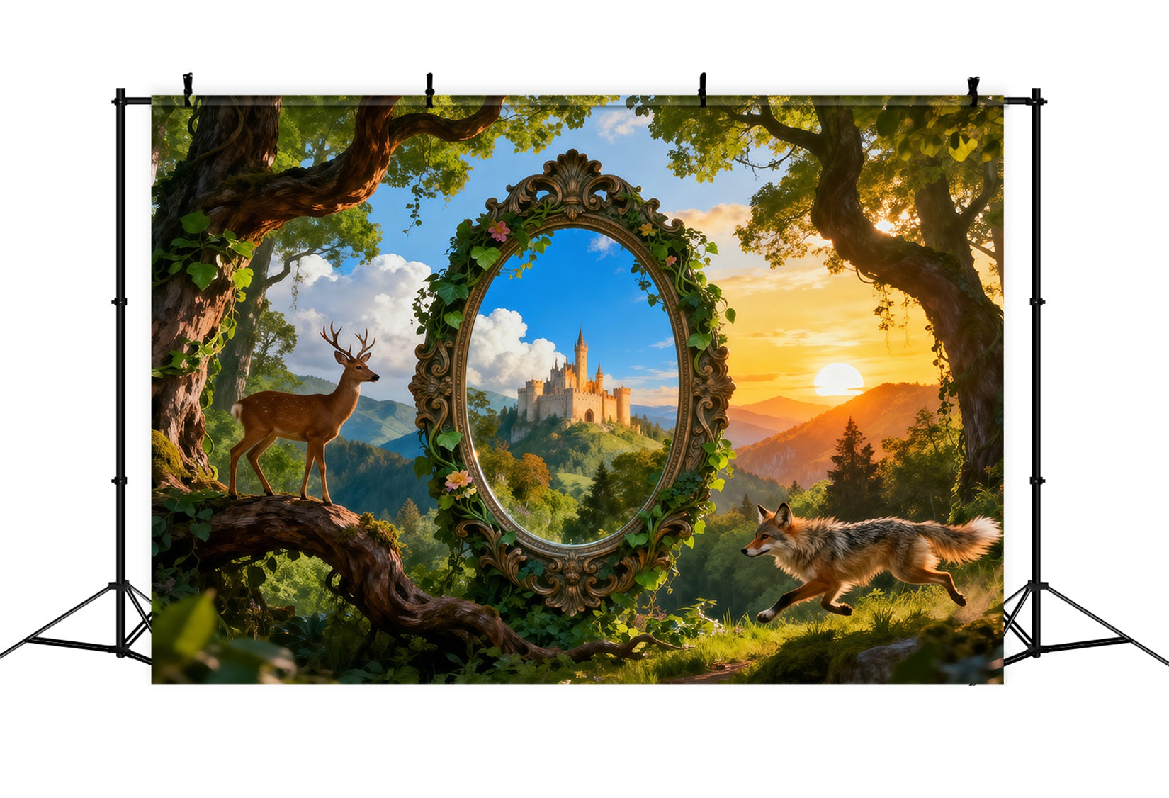 Fantasy-Wald-Hintergrund: Magischer Spiegel, Schloss, Reh, Fuchs – Märchenwald-Hintergrund RR63-135
