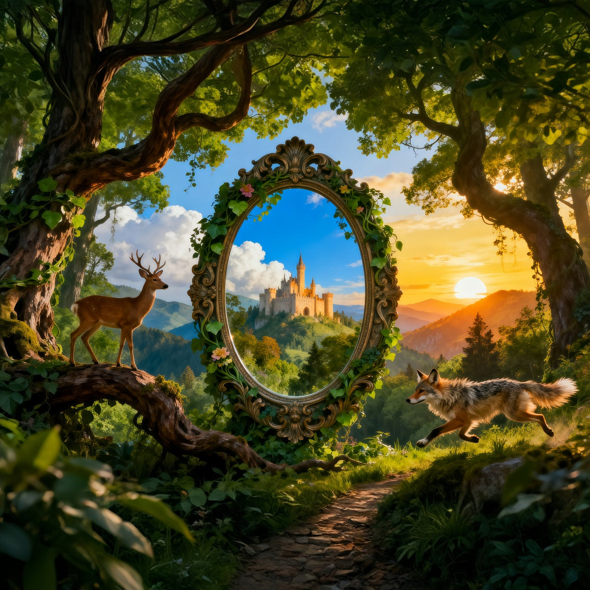 Fantasy-Wald-Hintergrund: Magischer Spiegel, Schloss, Reh, Fuchs – Märchenwald-Hintergrund RR63-135