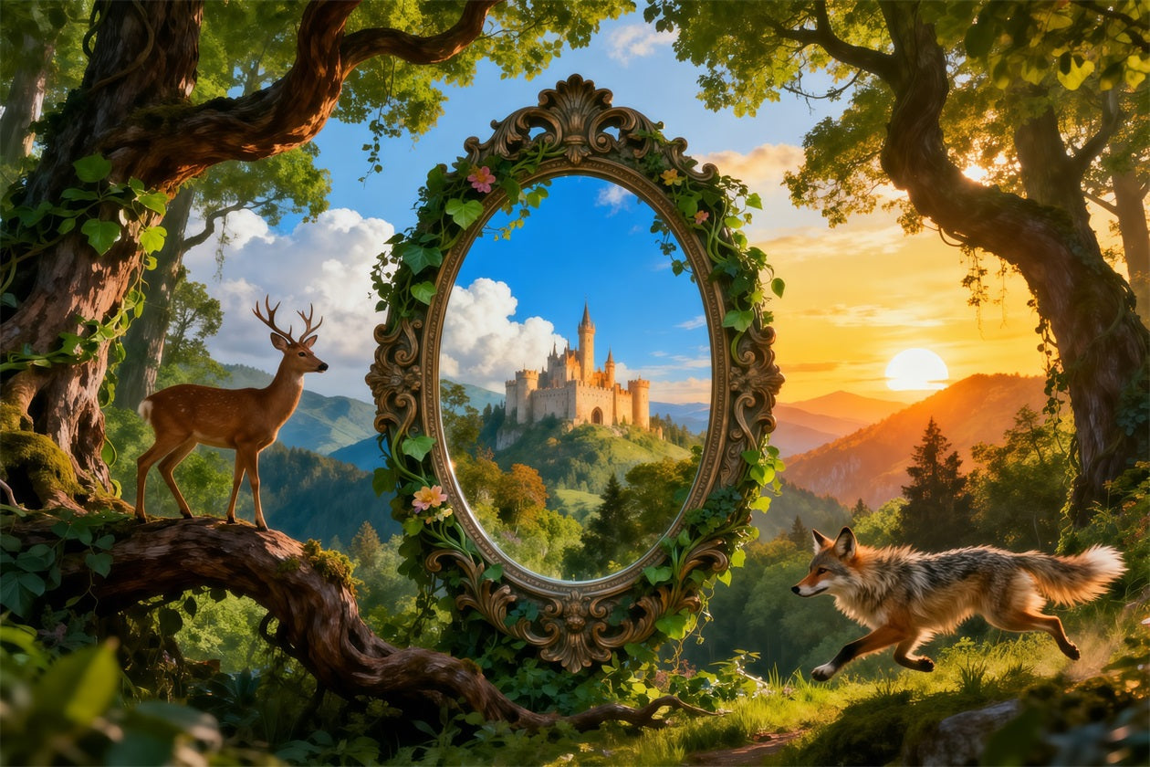 Fantasy-Wald-Hintergrund: Magischer Spiegel, Schloss, Reh, Fuchs – Märchenwald-Hintergrund RR63-135