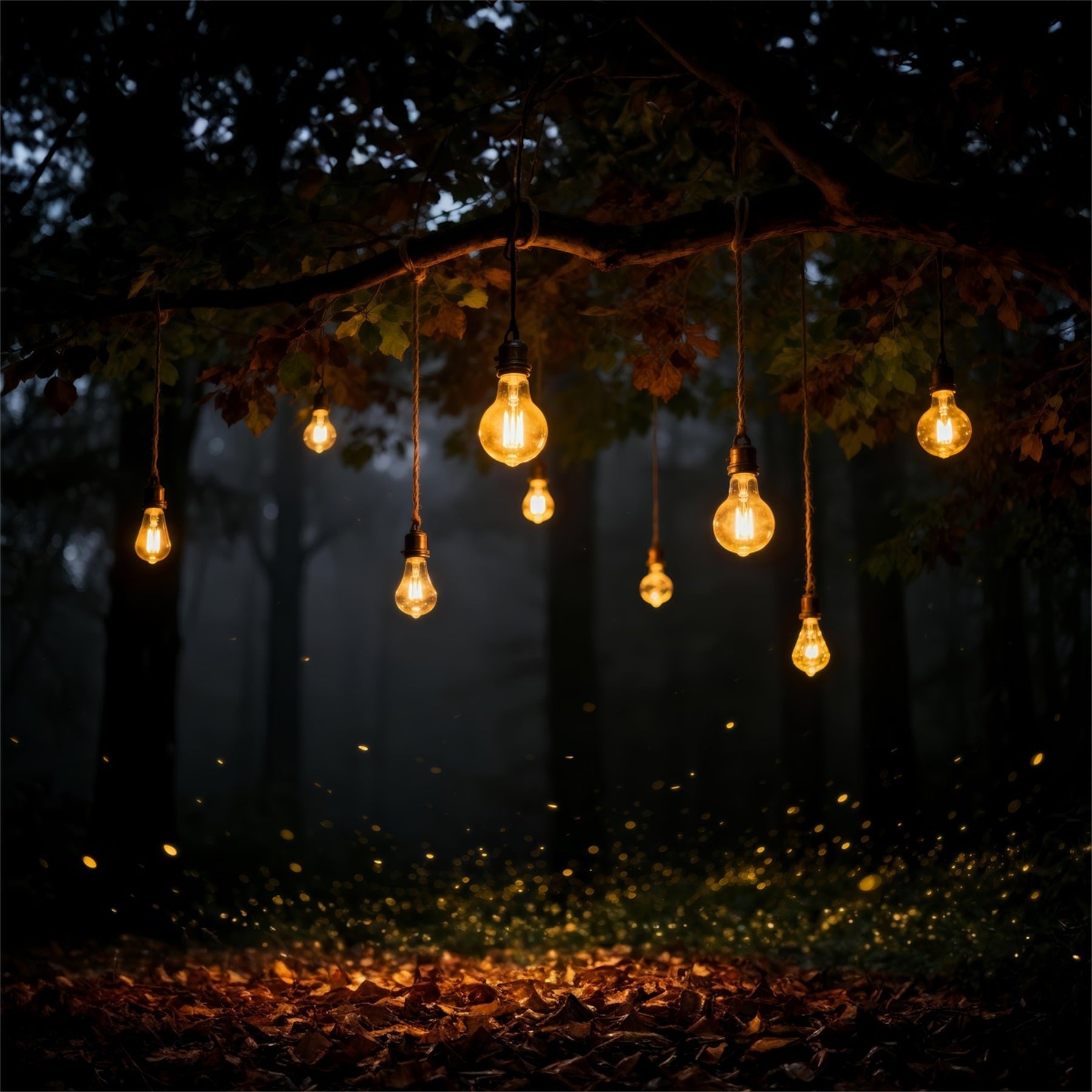 Fotohintergrund Wald Warme Hängelampen Herbstnacht Wald-Fotobox-Hintergrund RR63-137