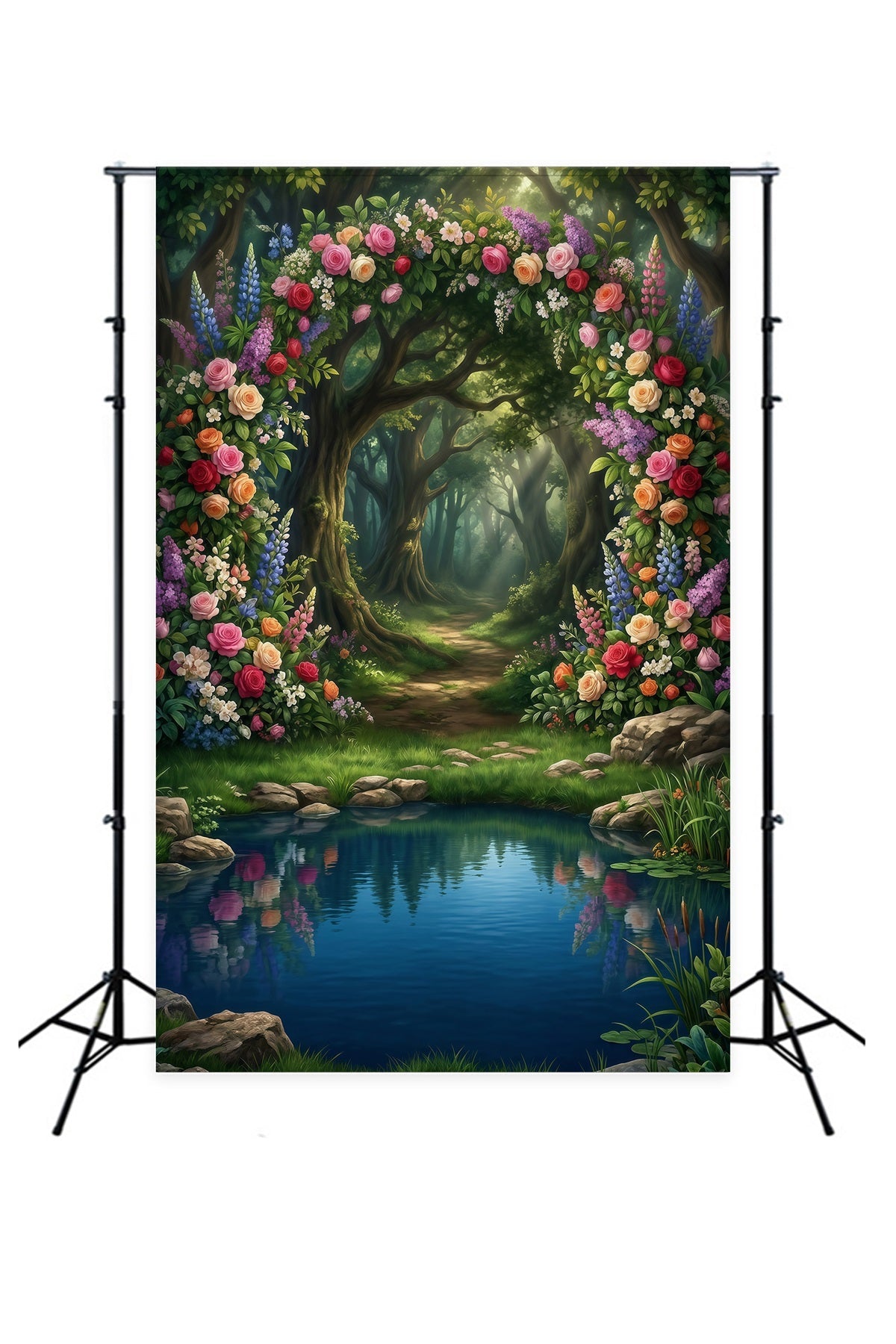 Waldszenen-Hintergrund Blumenbogen Seespiegelung Waldweg Fantasiewald-Hintergrund RR63-138