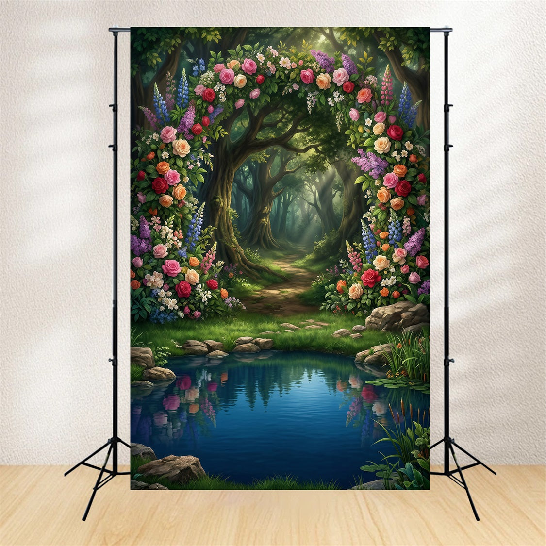Waldszenen-Hintergrund Blumenbogen Seespiegelung Waldweg Fantasiewald-Hintergrund RR63-138
