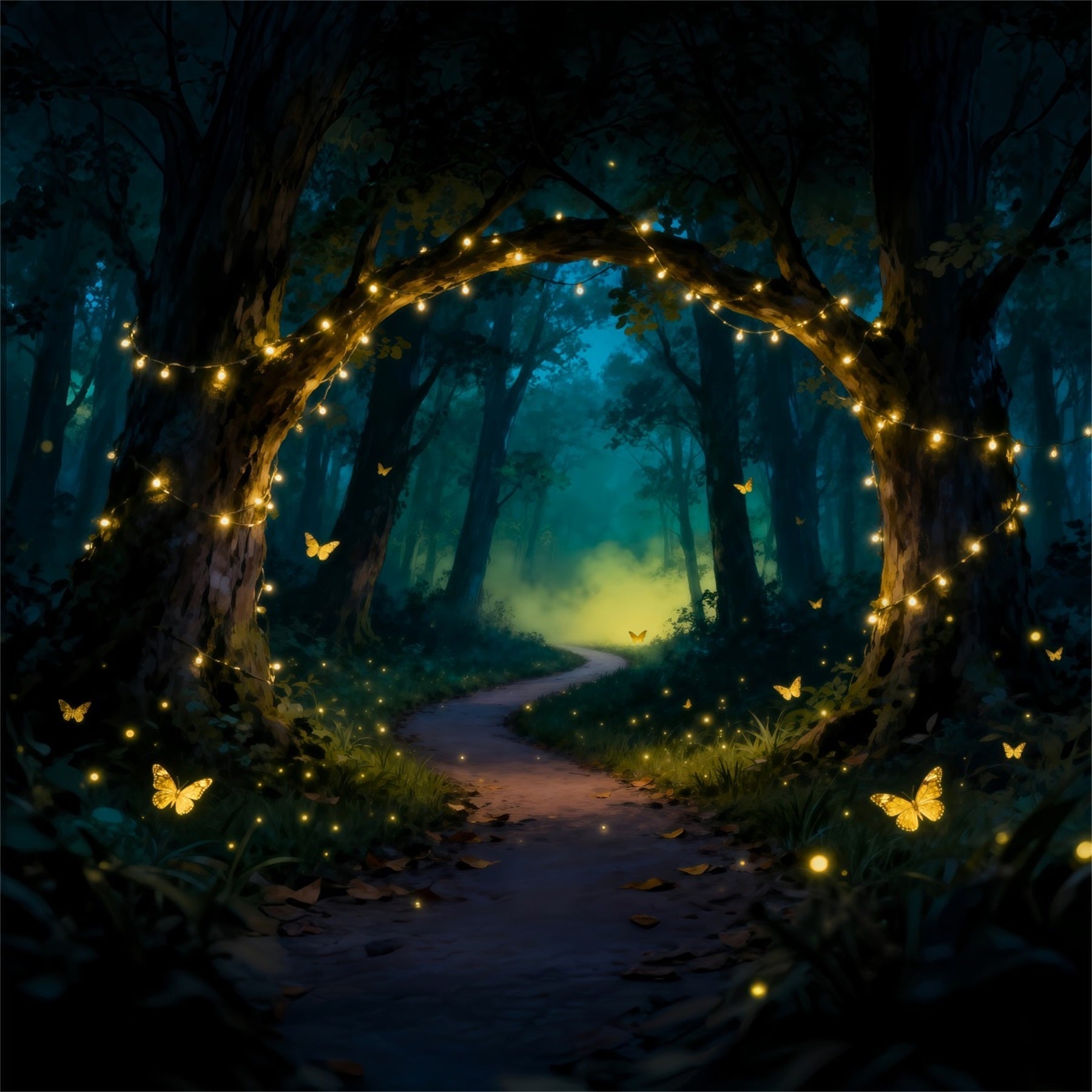 Hintergrund mit verzaubertem Wald-Motiv, goldener Lichtbogen, Schmetterlings-Traumweg, Wald-Hintergrund RR63-140