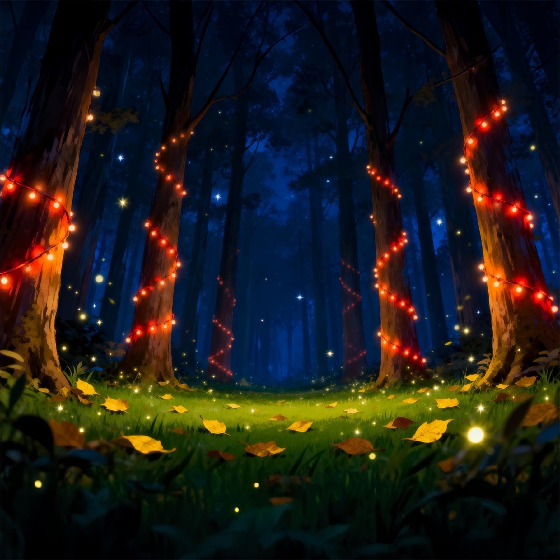 Hintergrund „Verzauberter Wald“, rote Lichterkette, nachts leuchtende Bäume, Nachtwald-Hintergrund RR63-141