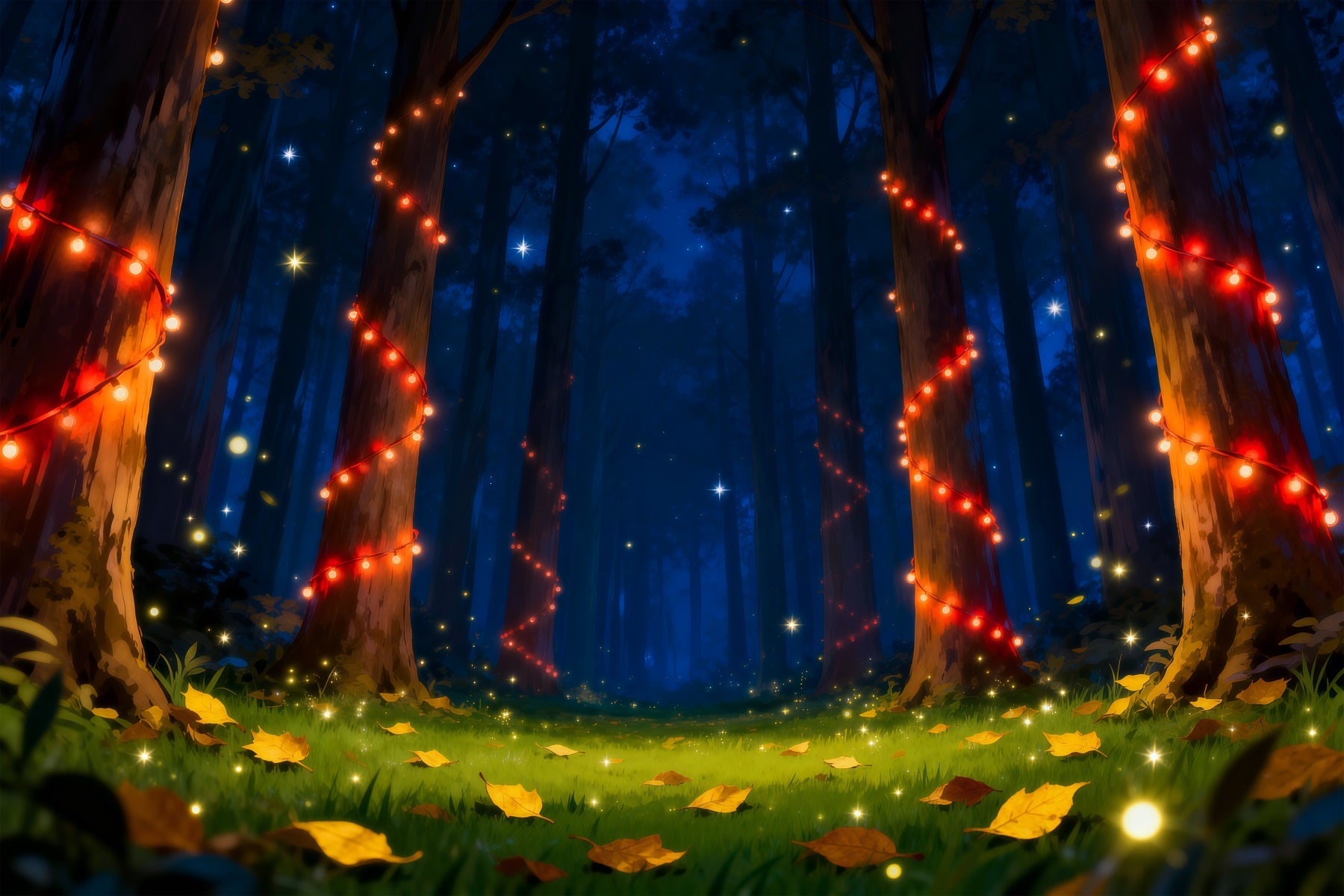 Hintergrund „Verzauberter Wald“, rote Lichterkette, nachts leuchtende Bäume, Nachtwald-Hintergrund RR63-141