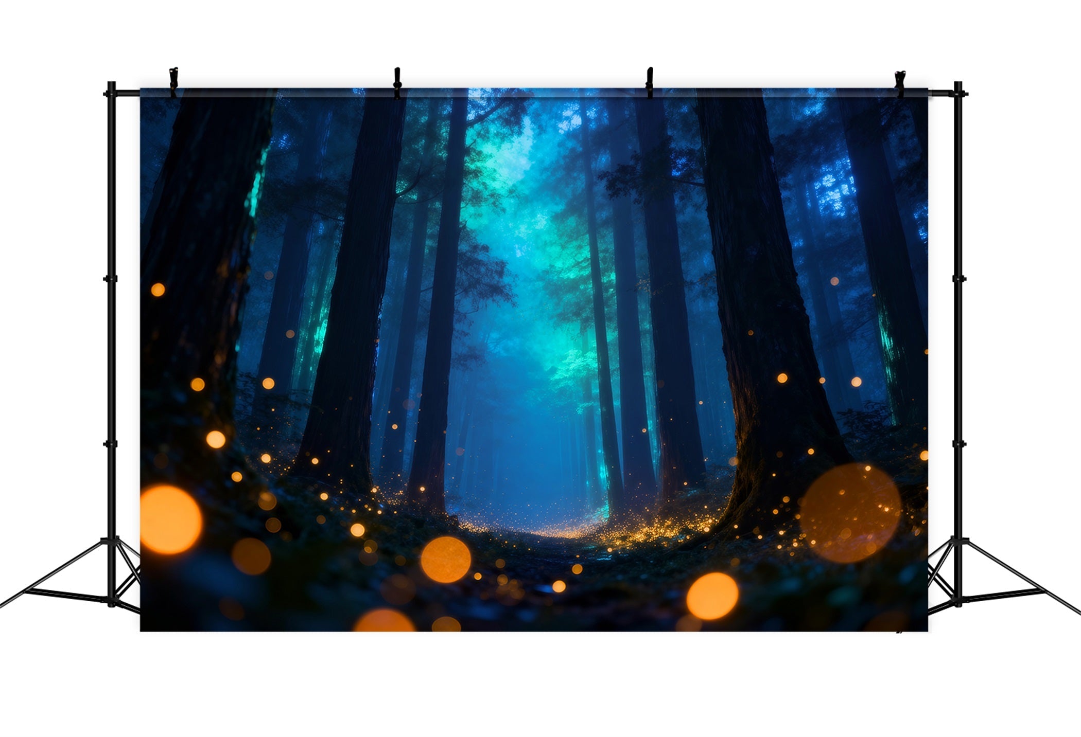 Dämmerungswald-Hintergrund: Mystischer blauer Nebel, Glühwürmchen, Nachtwald-Hintergrund RR63-144