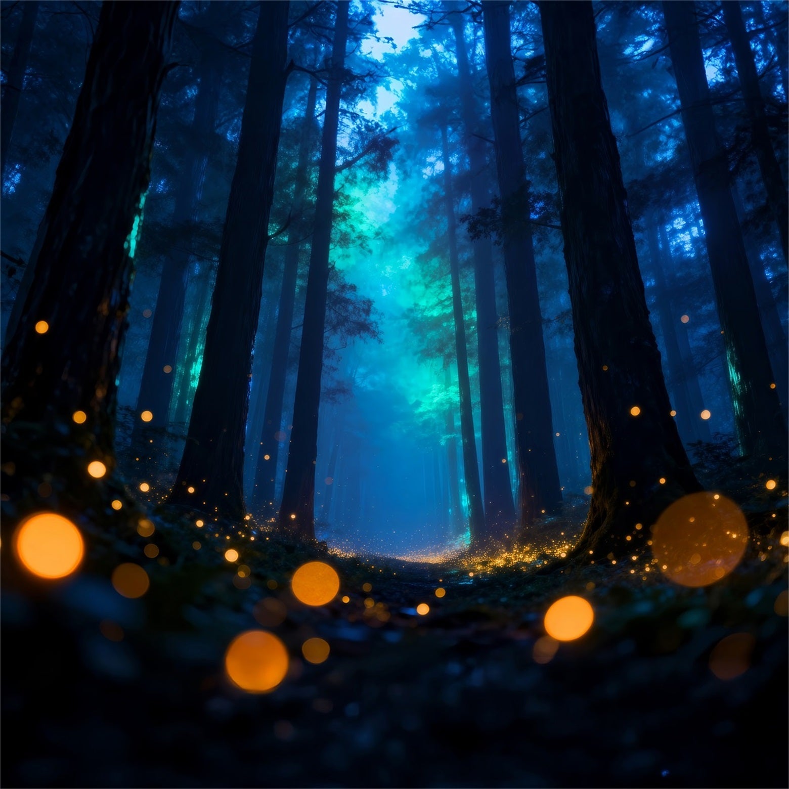 Dämmerungswald-Hintergrund: Mystischer blauer Nebel, Glühwürmchen, Nachtwald-Hintergrund RR63-144