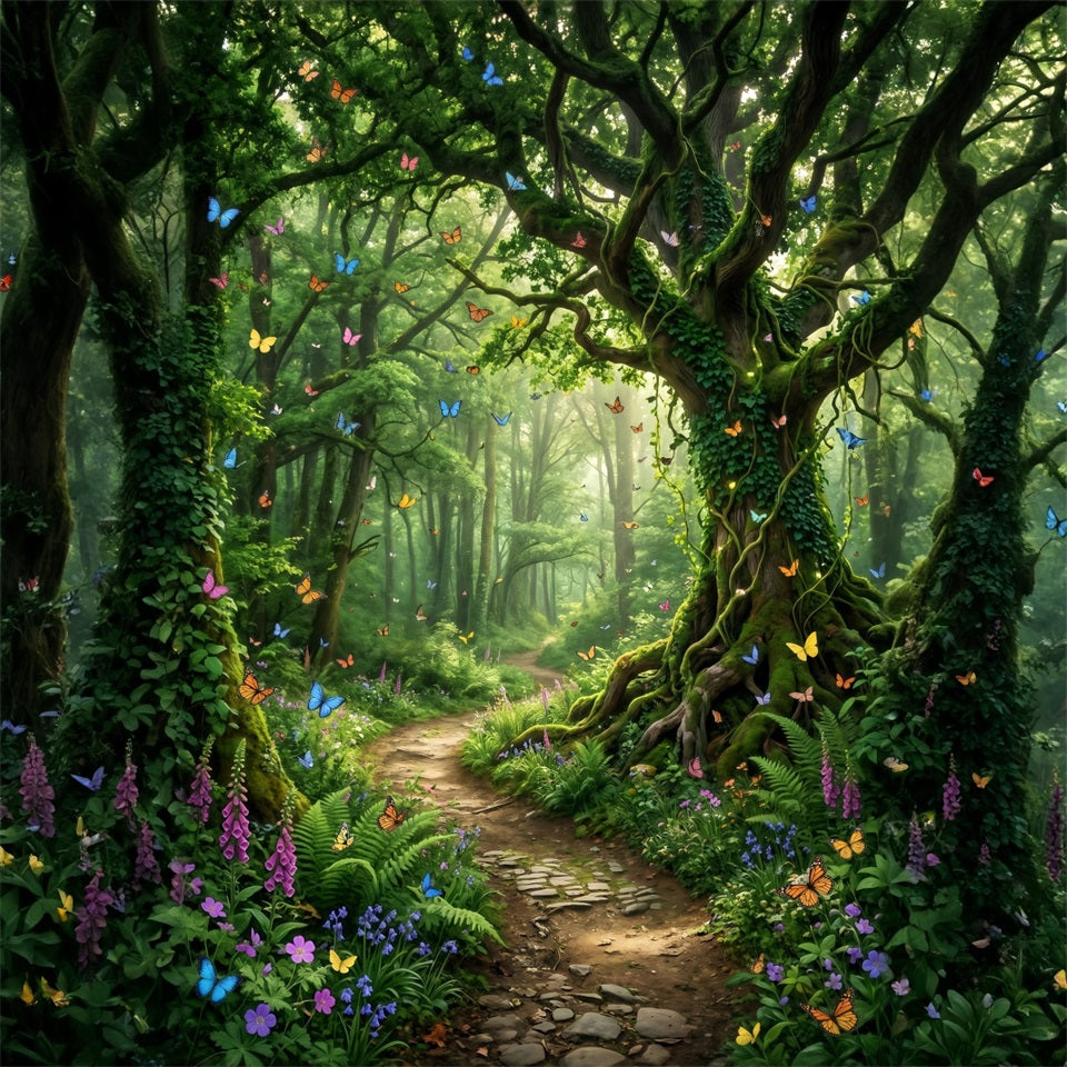 Märchenwald-Hintergrund: Schmetterlingsreicher verzauberter Waldweg, grüner Wald-Hintergrund RR63-145
