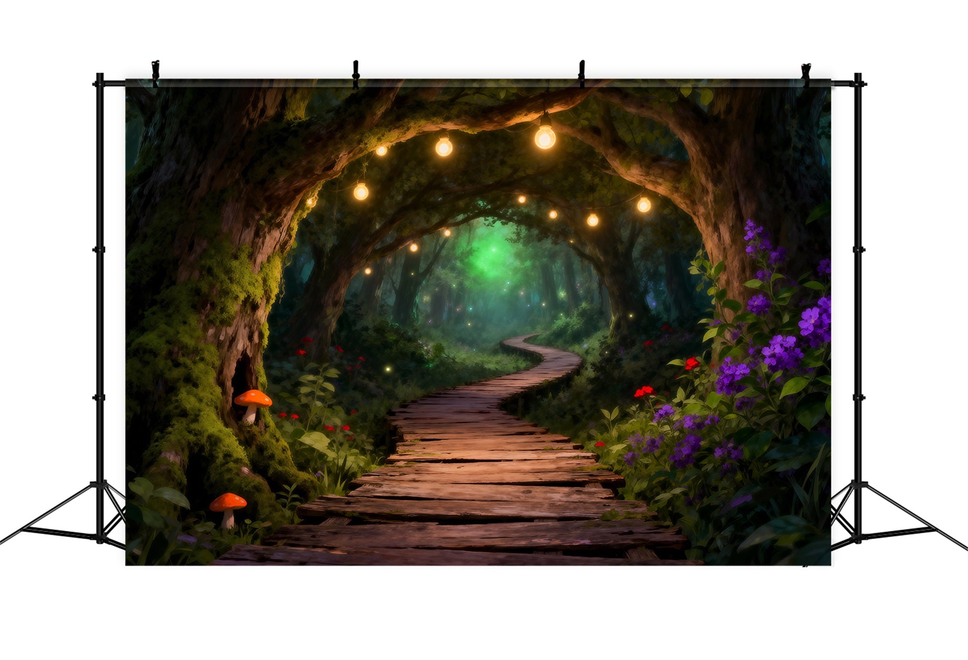 Wald-Hintergrund Leuchtende Lichterkette Holzpfad-Tunnel-Hintergrund Verzauberter Wald RR63-146
