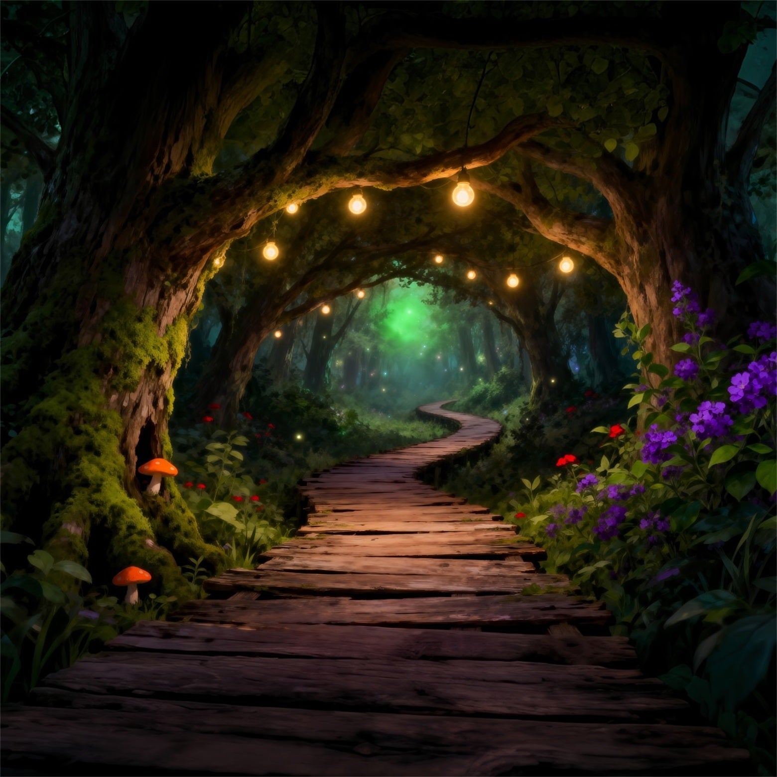 Wald-Hintergrund Leuchtende Lichterkette Holzpfad-Tunnel-Hintergrund Verzauberter Wald RR63-146