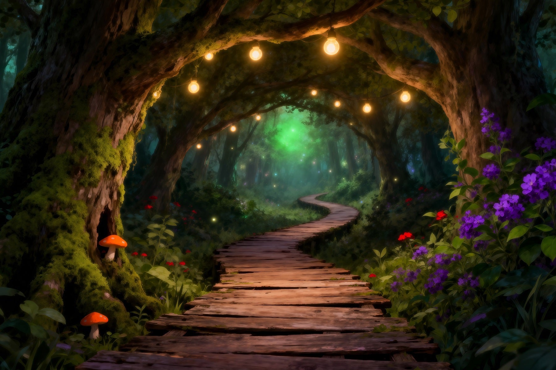 Wald-Hintergrund Leuchtende Lichterkette Holzpfad-Tunnel-Hintergrund Verzauberter Wald RR63-146