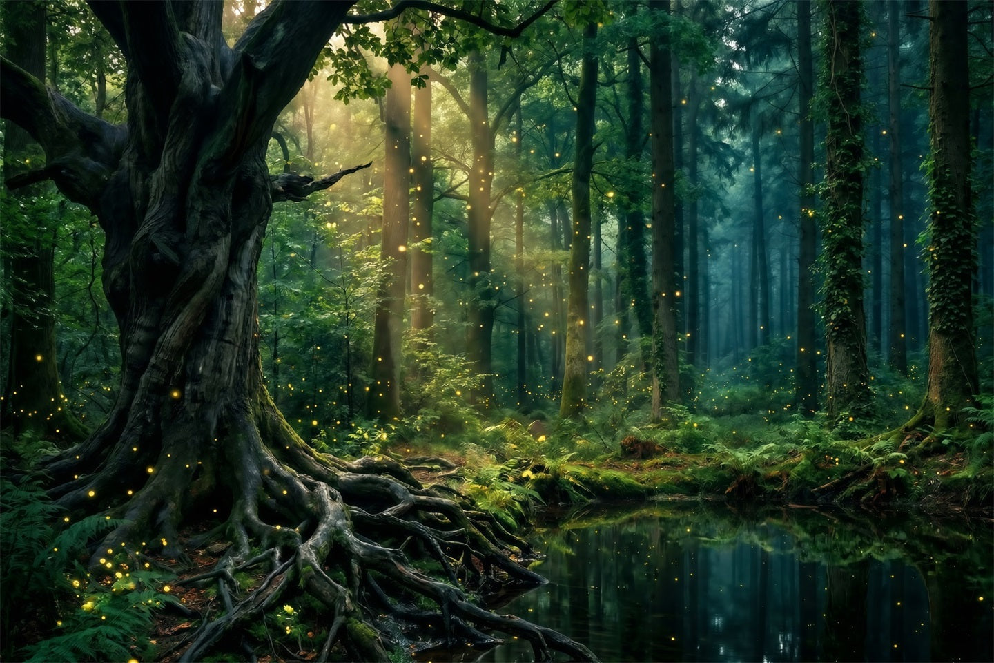 Regenwald-Hintergründe: Sonnendurchflutete Bäume, Teich, Glühen der Glühwürmchen, Wurzeln, Foto-Hintergrund Wald RR63-151