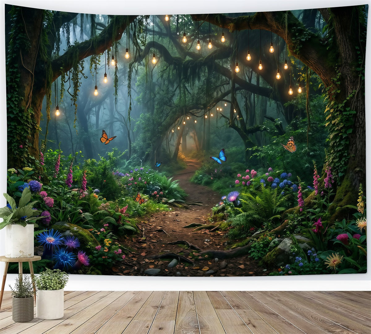 Fotohintergrund Wald Hängende Glühbirnen Waldweg mit Blumen Fantasie-Wald-Hintergrund RR63-152