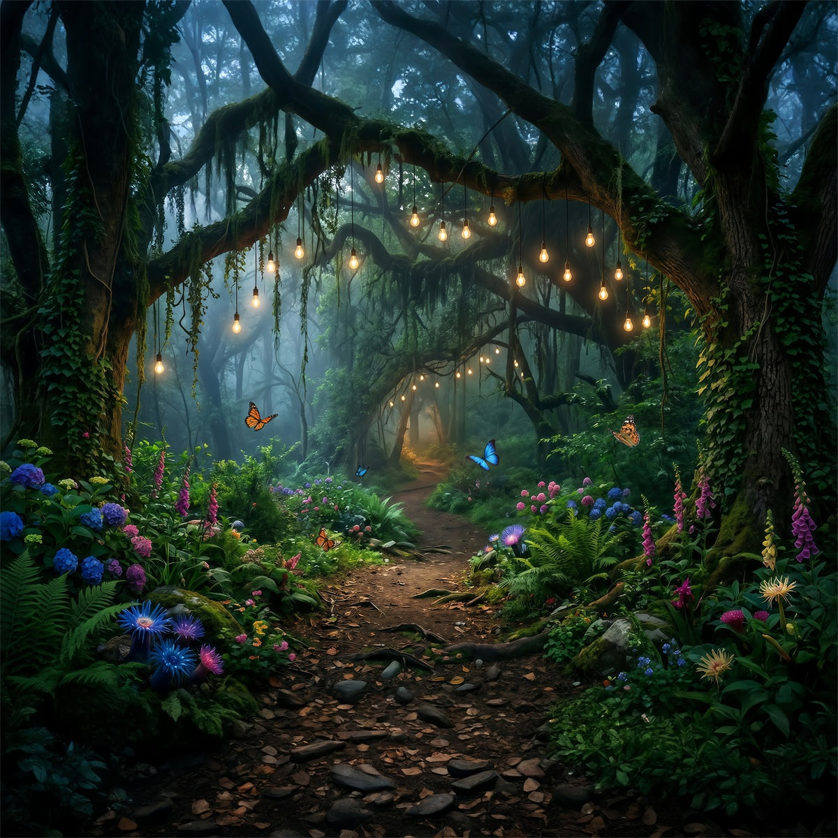 Fotohintergrund Wald Hängende Glühbirnen Waldweg mit Blumen Fantasie-Wald-Hintergrund RR63-152