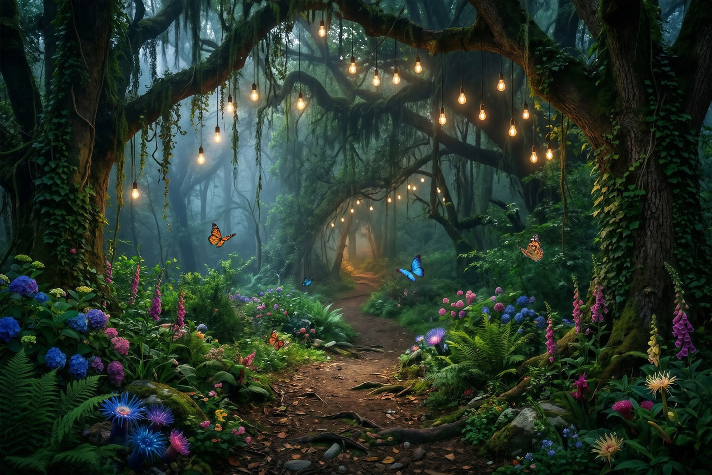Fotohintergrund Wald Hängende Glühbirnen Waldweg mit Blumen Fantasie-Wald-Hintergrund RR63-152
