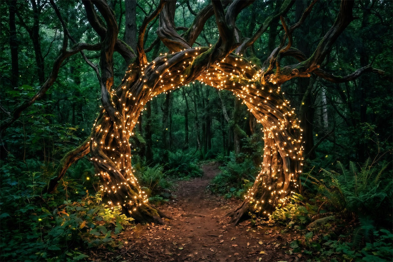 Hintergrund Wald-Motiv Verdrehter Baumbogen Goldene Lichterkette Grüner Wald-Hintergrund RR63-153