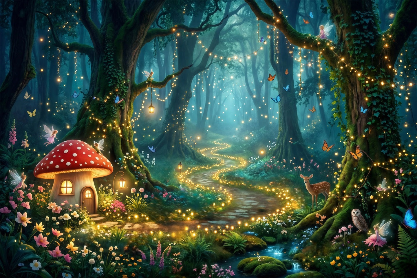 Verzauberter Wald-Hintergrund Pilzhütte Leuchtender Weg Wald-Fotobox-Hintergrund RR63-154