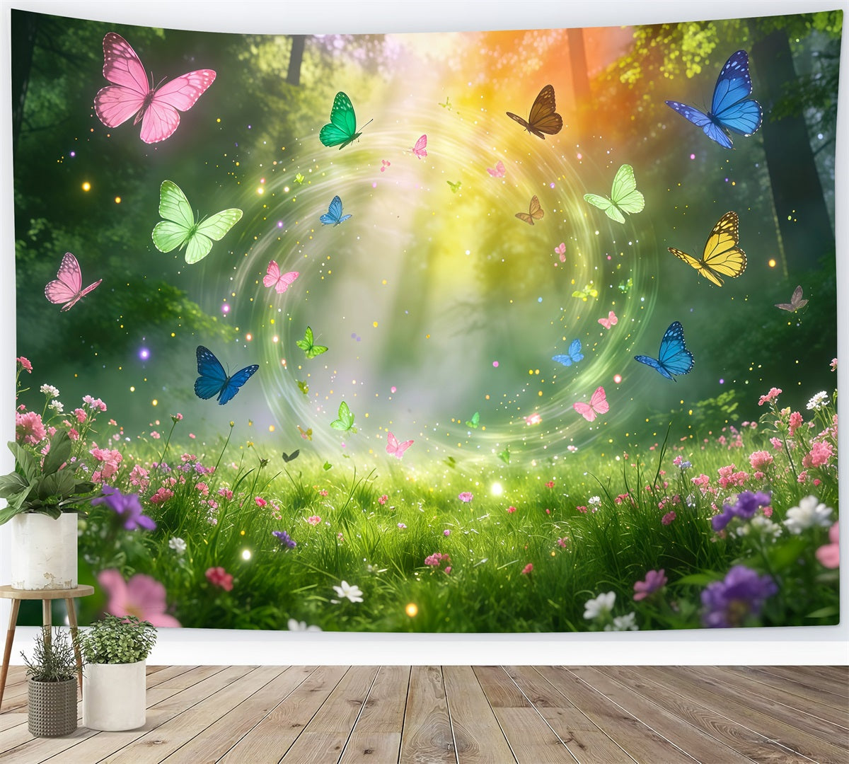 Verzauberter Waldhintergrund – DIY – Bunte Schmetterlingskreise – Magischer Lichtstrahl – Waldhintergrund RR63-160