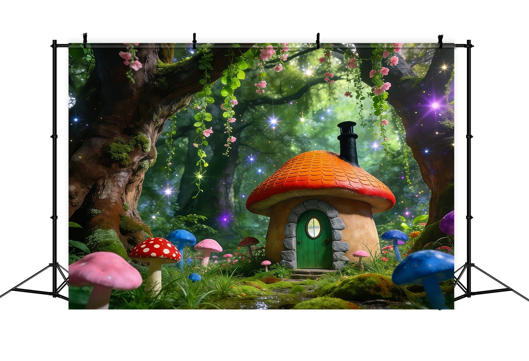 Märchenwald-Hintergrund Bunte Pilzhütte Funkelnder Wald-Hintergrund Ideen RR63-167