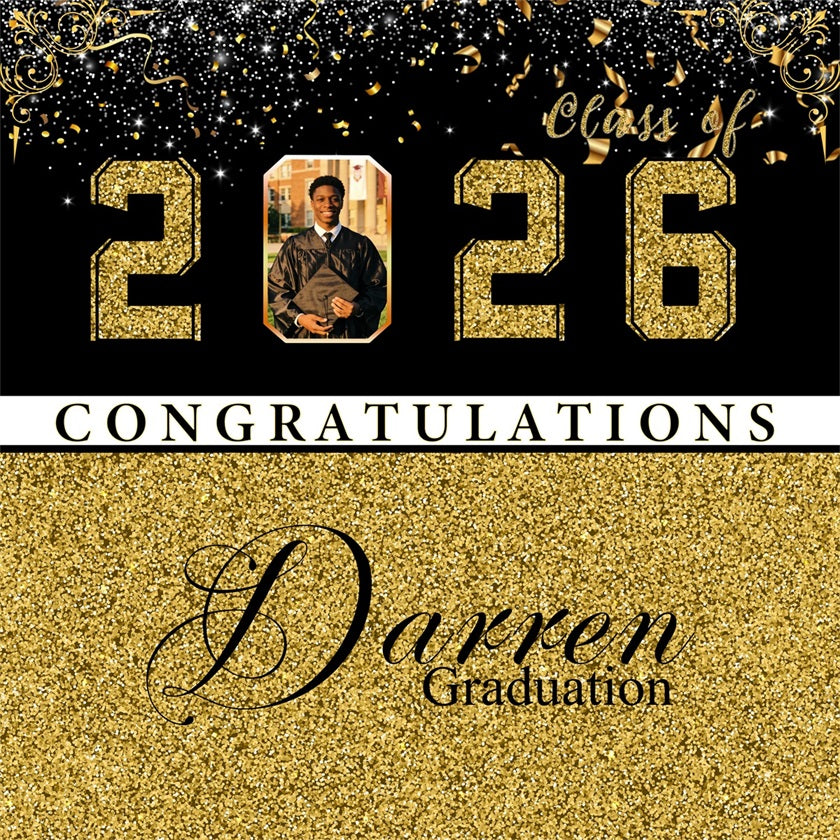 Abschlussfeier-Hintergrund: Schwarz-Gold-Glitzer-Zahlen – Personalisierter Abschlussfeier-Hintergrund RR63-19