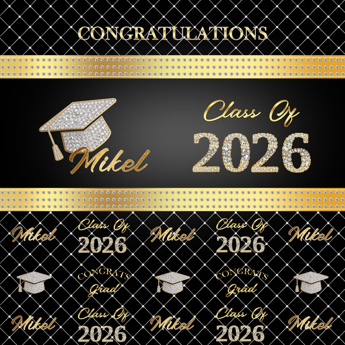 Individuelle Abschlussfeier-Kulisse Schwarz-Gold-Rautenmuster Abschlussfeier-Kulisse „Class of 2026“ RR63-27