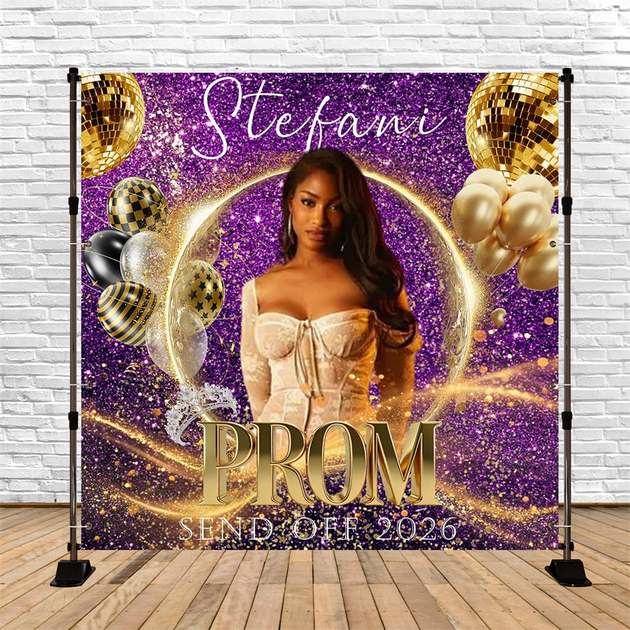 Disco-Kugel-Abschlussball-Hintergrund, lila schimmernde Metallic-Ballons, Abschlussball-Abschieds-Hintergründe RR63-62