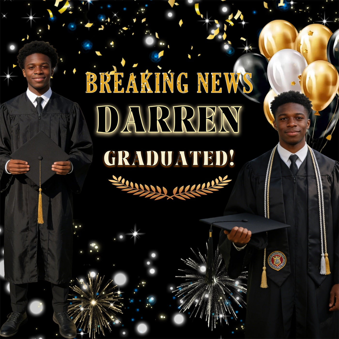 Individuelle Abschlussfeier-Kulisse: Schwarz-Gold, Feuerwerk und Luftballons – Abschlussfeier-Kulisse RR63-7