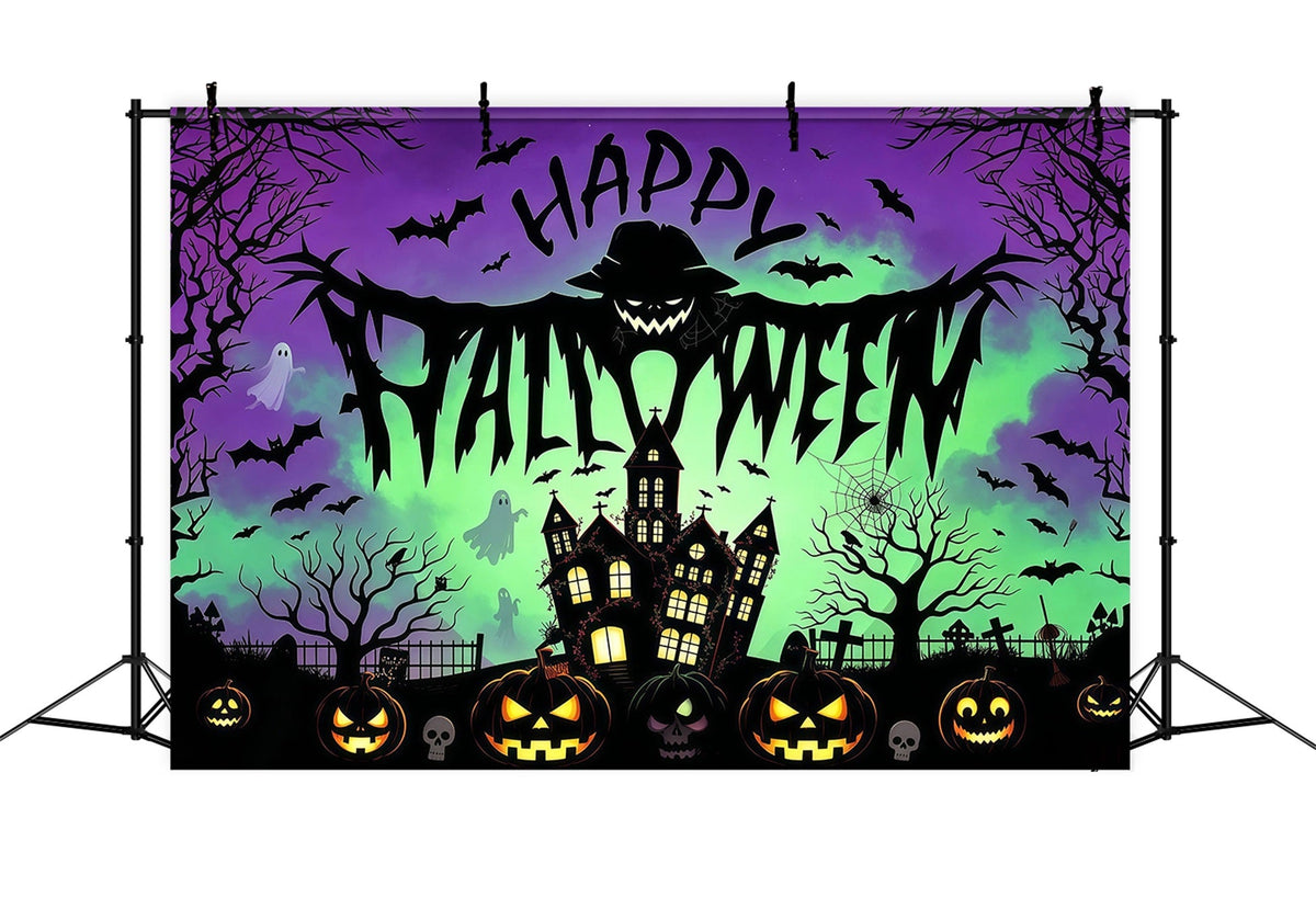 Halloween-Party-FotohintergrundVogelscheuche Spukhaus Kürbisse Halloween-Hintergrund RR67-1