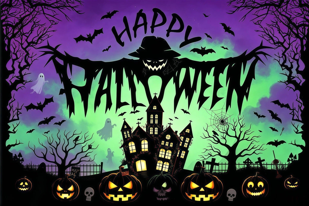 Halloween-Party-FotohintergrundVogelscheuche Spukhaus Kürbisse Halloween-Hintergrund RR67-1