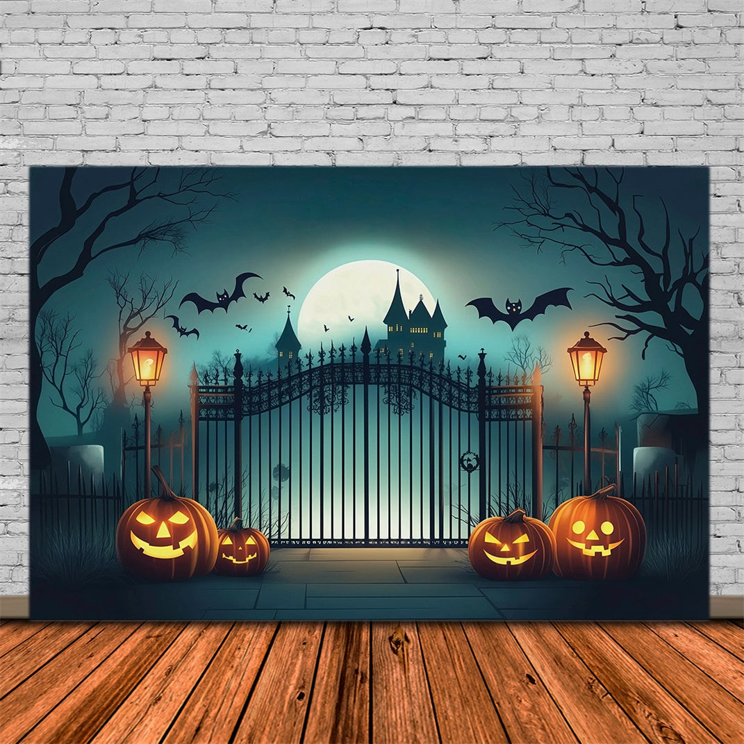 Halloween-HintergrundfotoSpukschlosstor Kürbisse Halloween-Party-Hintergrund RR67-10