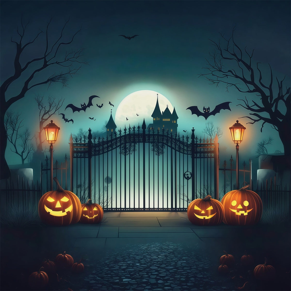 Halloween-HintergrundfotoSpukschlosstor Kürbisse Halloween-Party-Hintergrund RR67-10