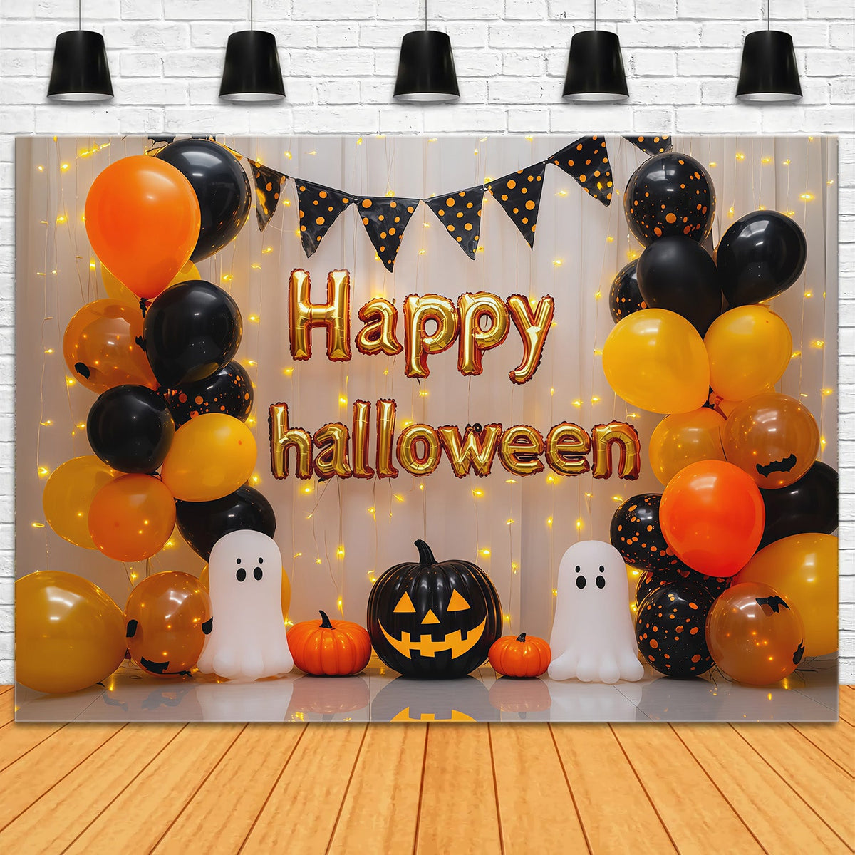 Halloween-Party-Fotohintergrund Mit Orangefarbenen Ballons Und Geistermotiven RR67-101