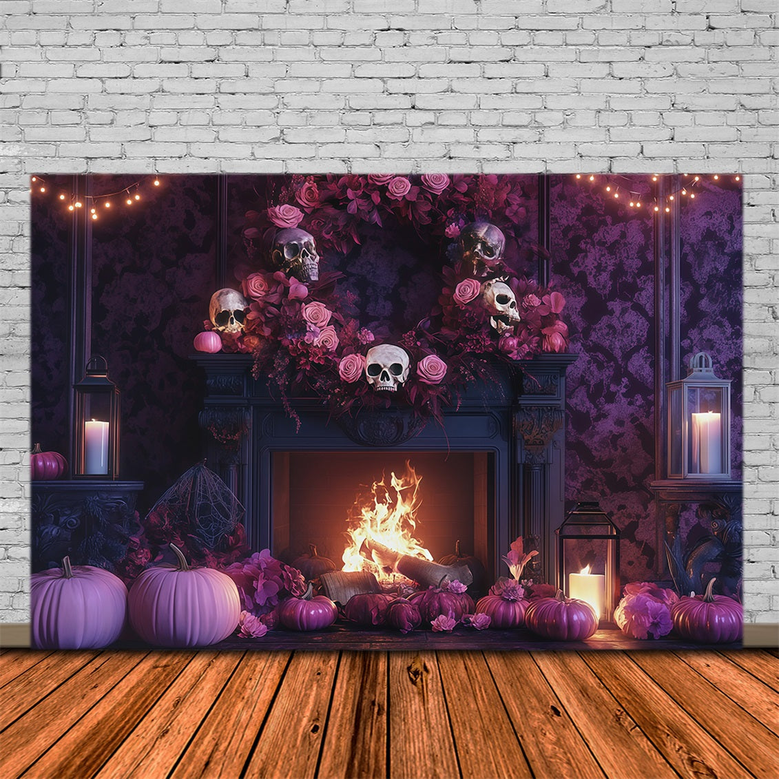 Halloween-Fotohintergrund Mit Totenkopf Rose Und Kaminsims RR67-104