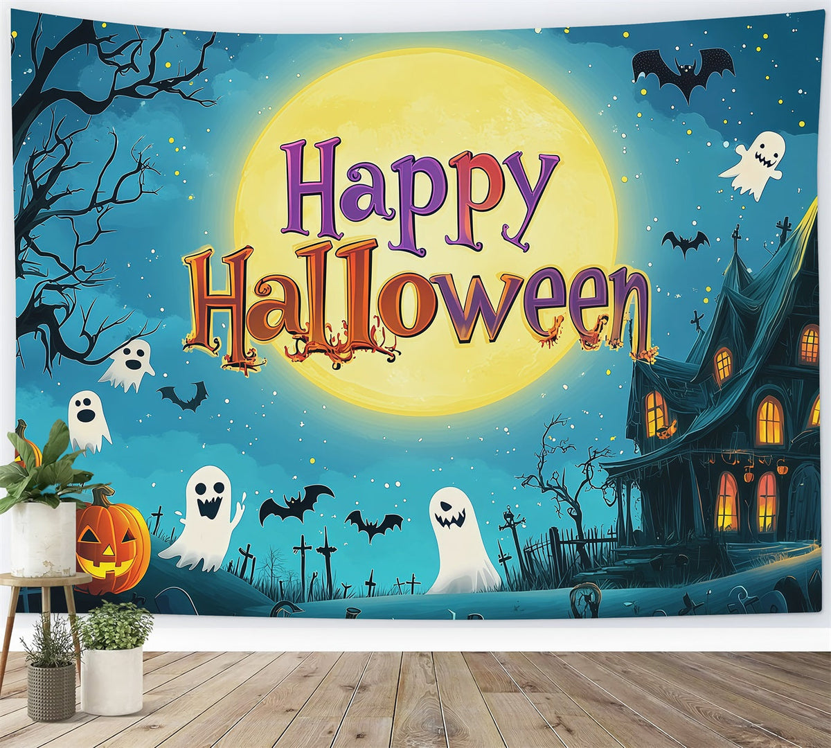 Halloween-Party-Hintergründe Cartoon-Mond-Geisterhaus Halloween-Fotokabinen-Hintergrund RR67-107
