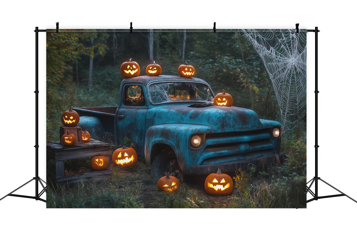 Halloween-Hintergrund Für Den AußenbereichVintage-Truck Kürbis Spinnennetz Gruseliger Halloween-Hintergrund RR67-109
