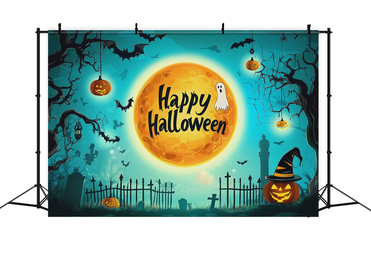 Halloween-Hintergrundfoto Türkisfarbener Mond Friedhof Silhouette Halloween-Party Hintergrund RR67-110