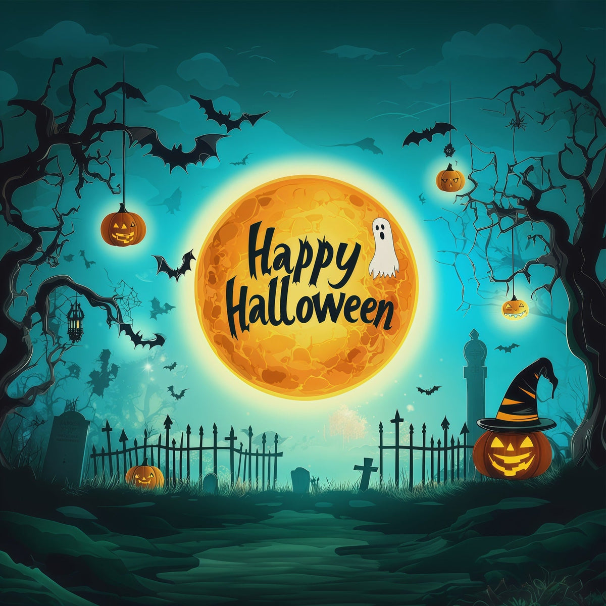 Halloween-Hintergrundfoto Türkisfarbener Mond Friedhof Silhouette Halloween-Party Hintergrund RR67-110